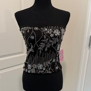 Black Strapless Beaded Floral Tube Top